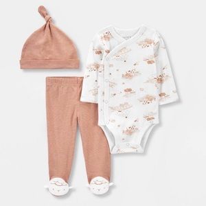 Carters Just One You Baby 3pc Footed Hat Top & Bottom Set- White/Brown Preemie